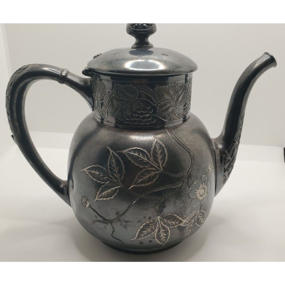 Antique 1800-1849 Pairpoint Mfg. Co. Quadruple Silver Plate Floral Tea Pot Dents